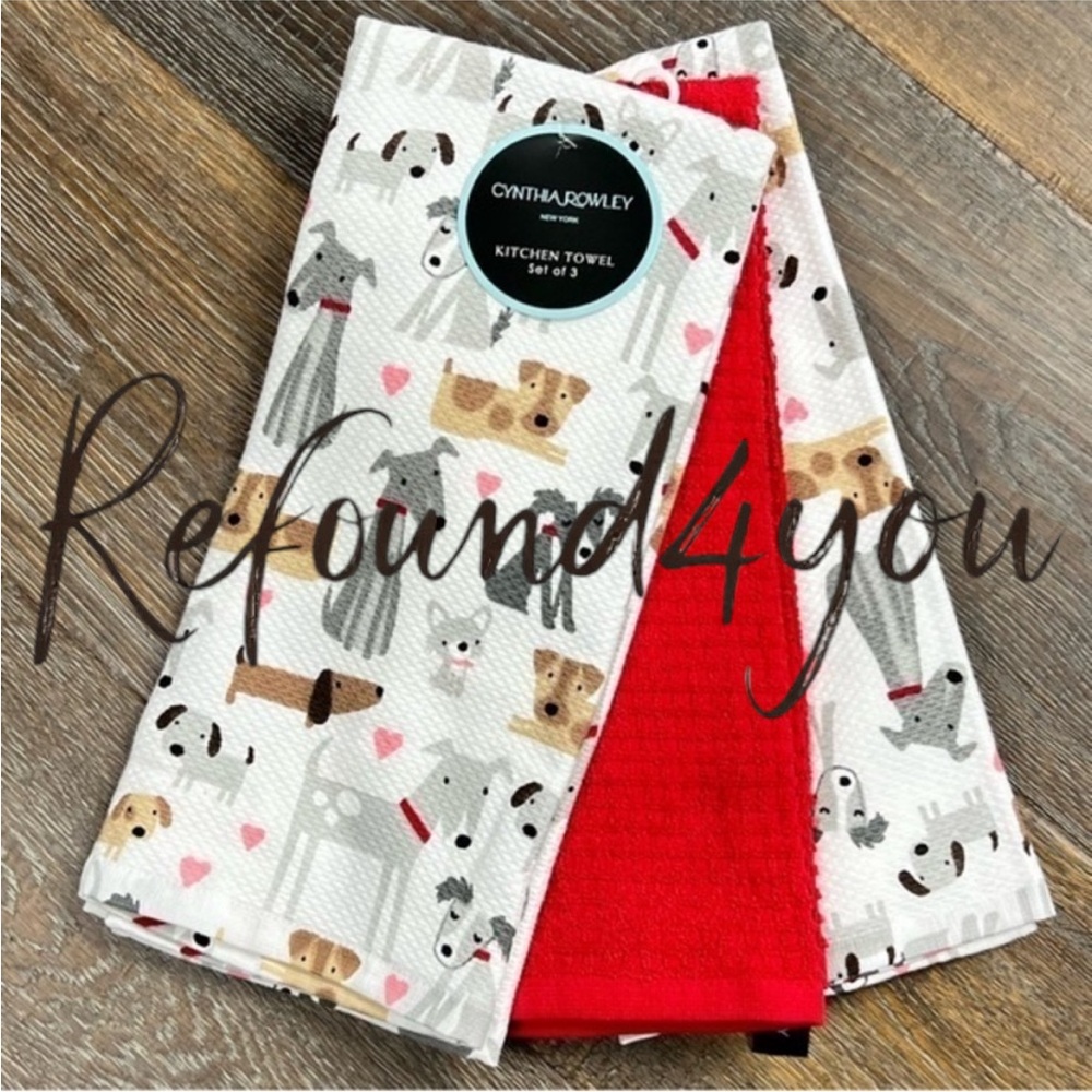 Cynthia Rowley - ‘Hearts & Dogs’ dish towels (3). NWT. *Last One!